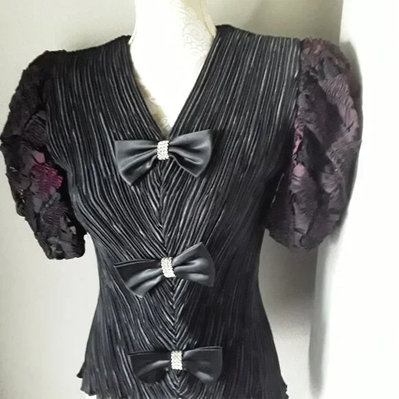Vintage Karen Lawrence by Matthew lovely crinkle blk and purple puffy top size 8 - Picture 11 of 13